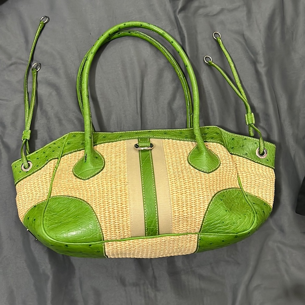 Prada vintage green picnic orchid leather and raffia bag